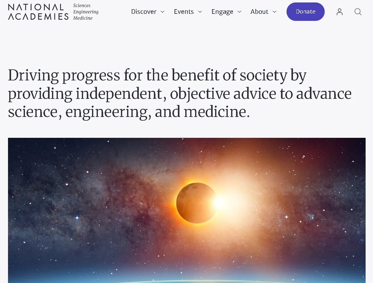 National Academies of Sciences Engineering and Medicine homepage featuring research reports, policy advice, and scientific collaboration resources