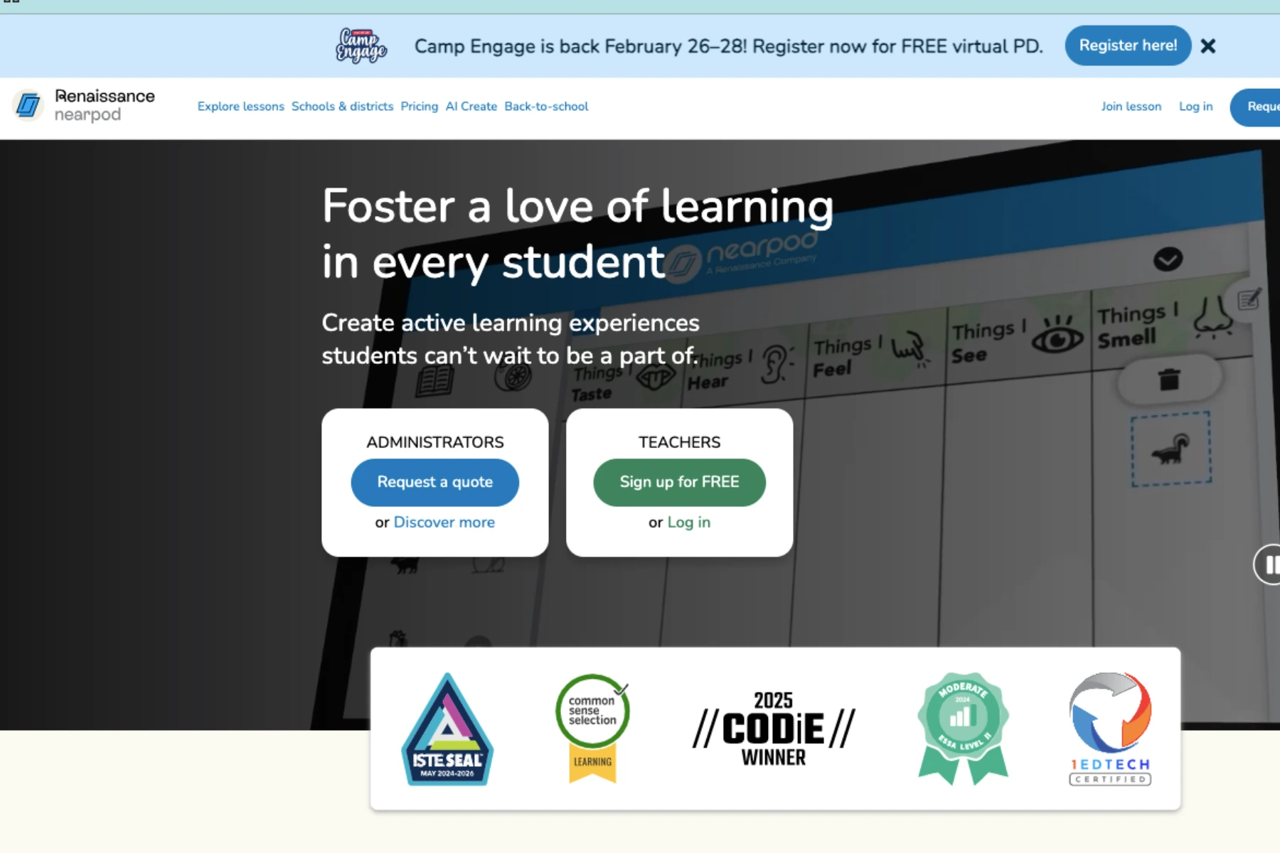 Homepage banner of Nearpod by Renaissance promoting active learning experiences for students with tools for teachers and administrators.