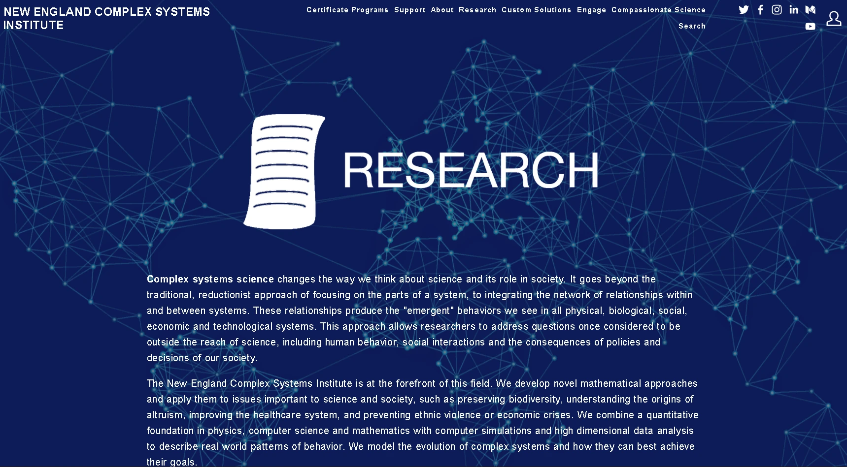 NECSI research webpage showing complex systems science studies, data modeling, networks, and interdisciplinary scientific research applications