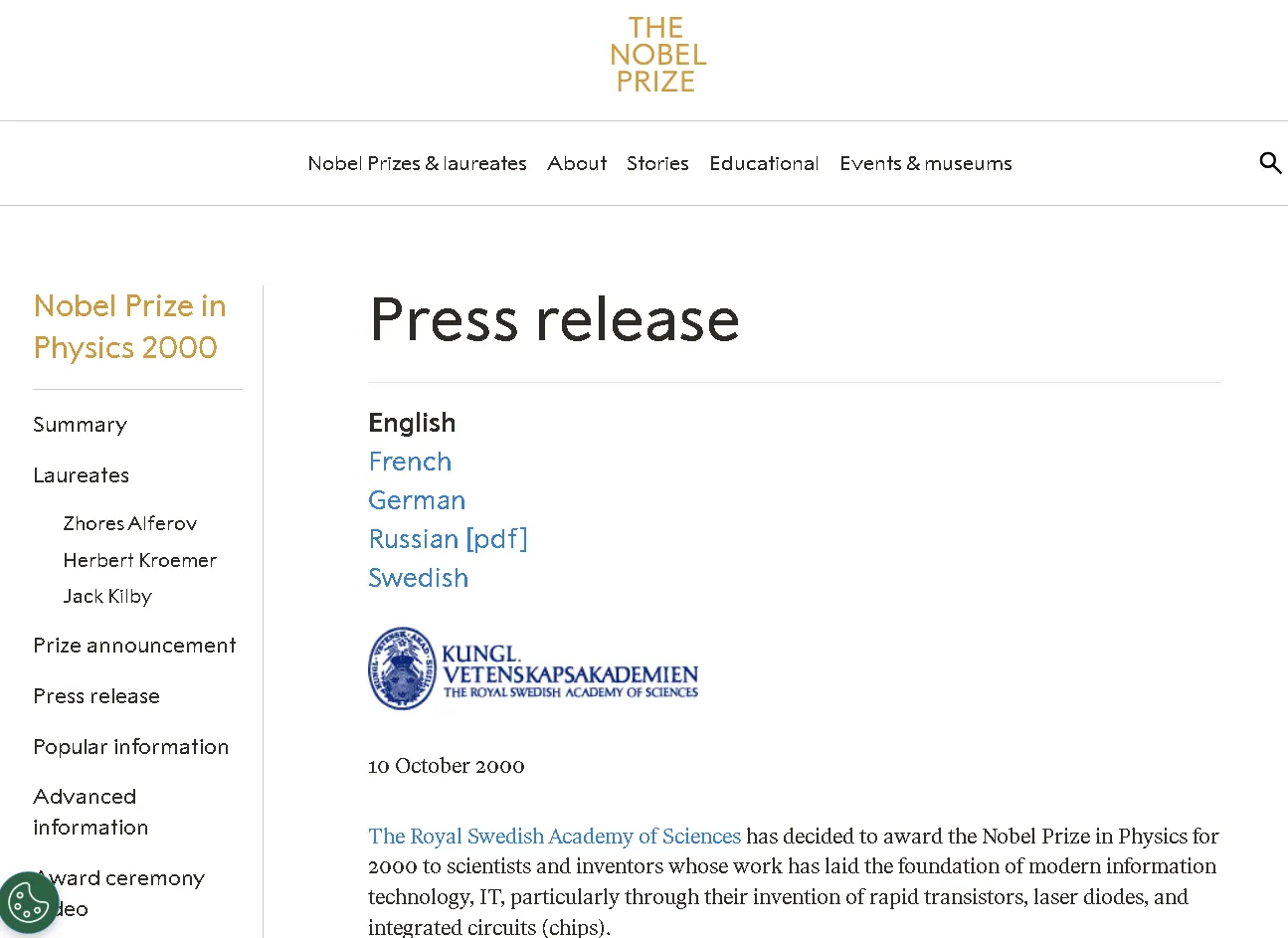 Nobel Prize in Physics 2000 press release page highlighting semiconductor technology and integrated circuit innovations