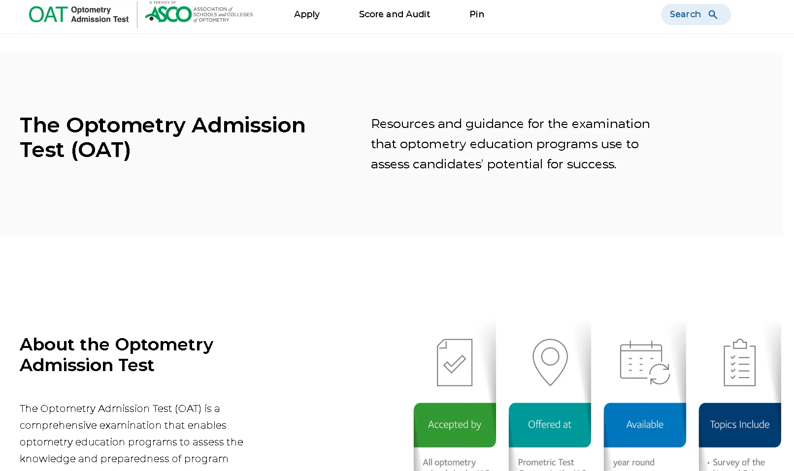 Optometry Admission Test OAT webpage with information about exam resources, application process, and optometry education assessment