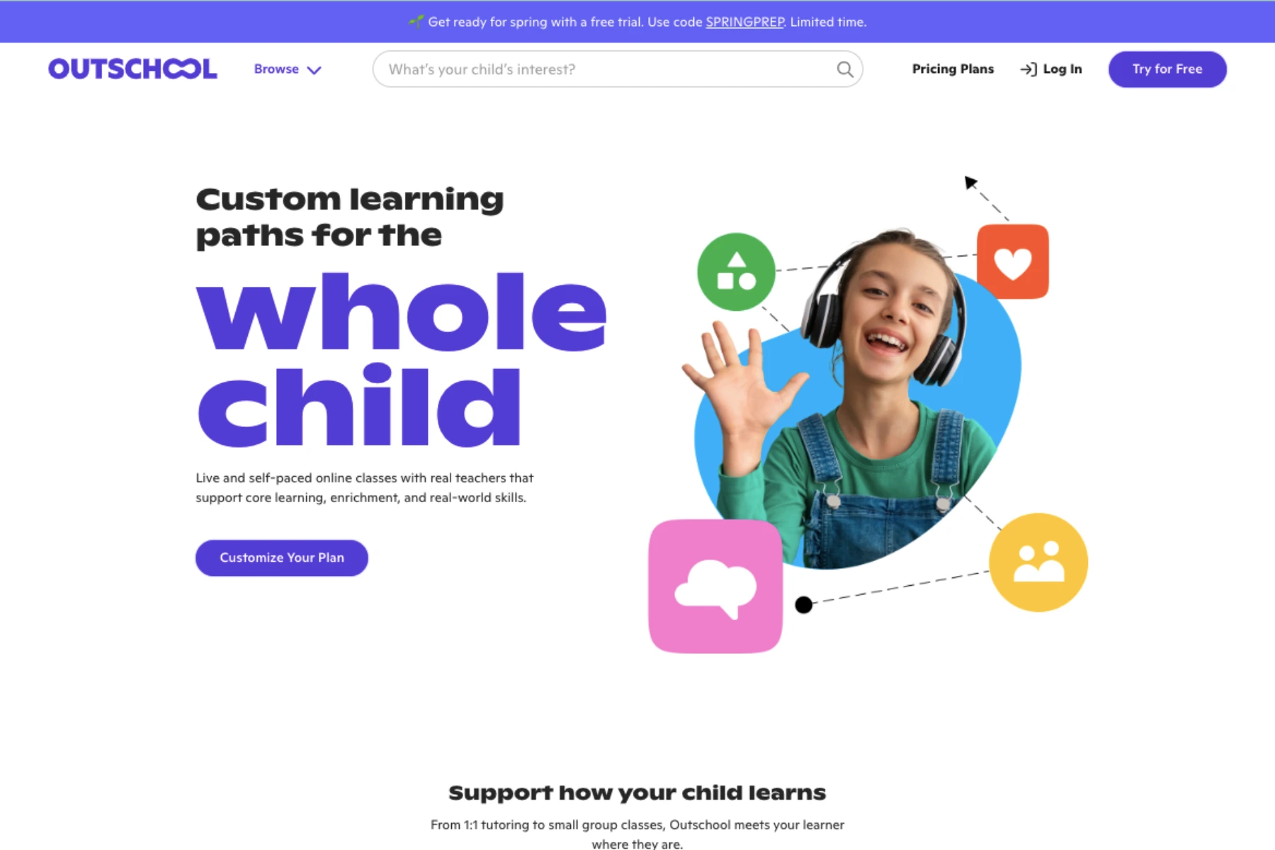 Homepage banner of Outschool showing a smiling child wearing headphones, promoting custom online learning paths for kids
