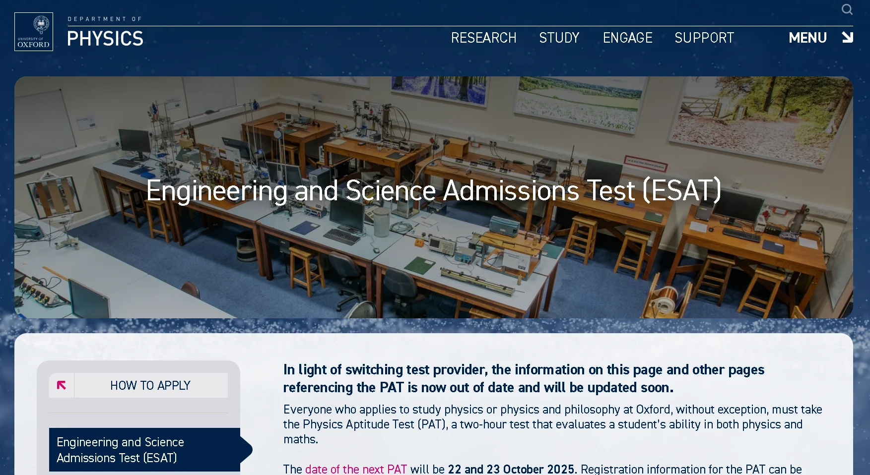 Oxford University Physics department ESAT engineering and science admissions test laboratory page