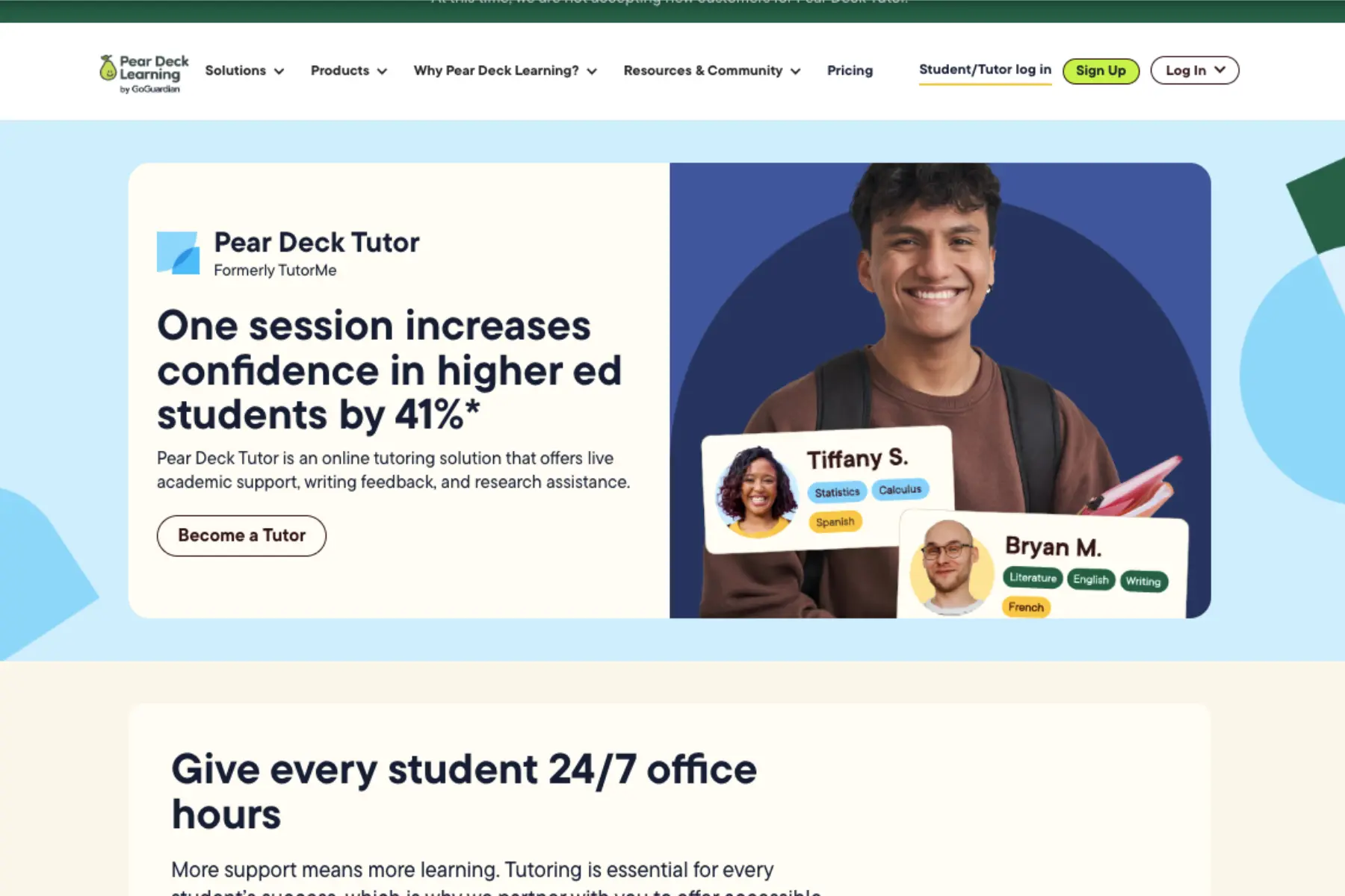 Product page of Pear Deck Tutor showing a college student with the headline “One session increases confidence in higher ed students by 41%,” highlighting live academic support and tutoring services.