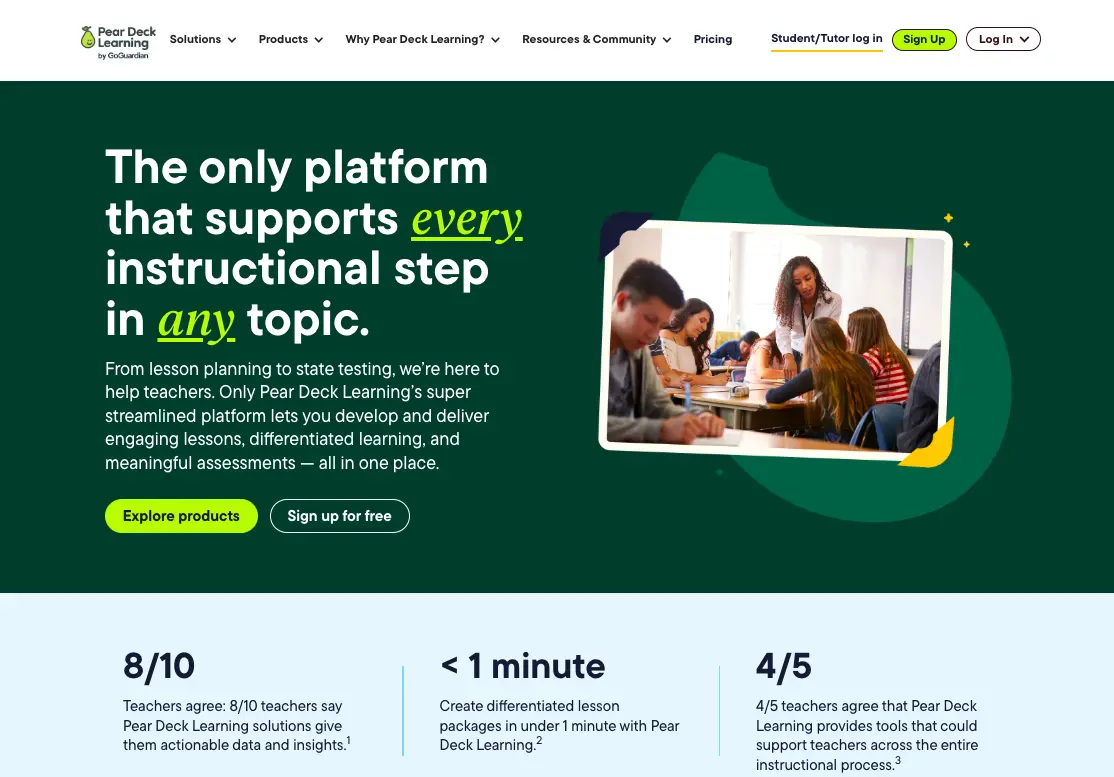 Pear Deck Learning homepage banner showing a digital teaching platform that helps educators plan lessons, deliver instruction, and assess student learning in one place