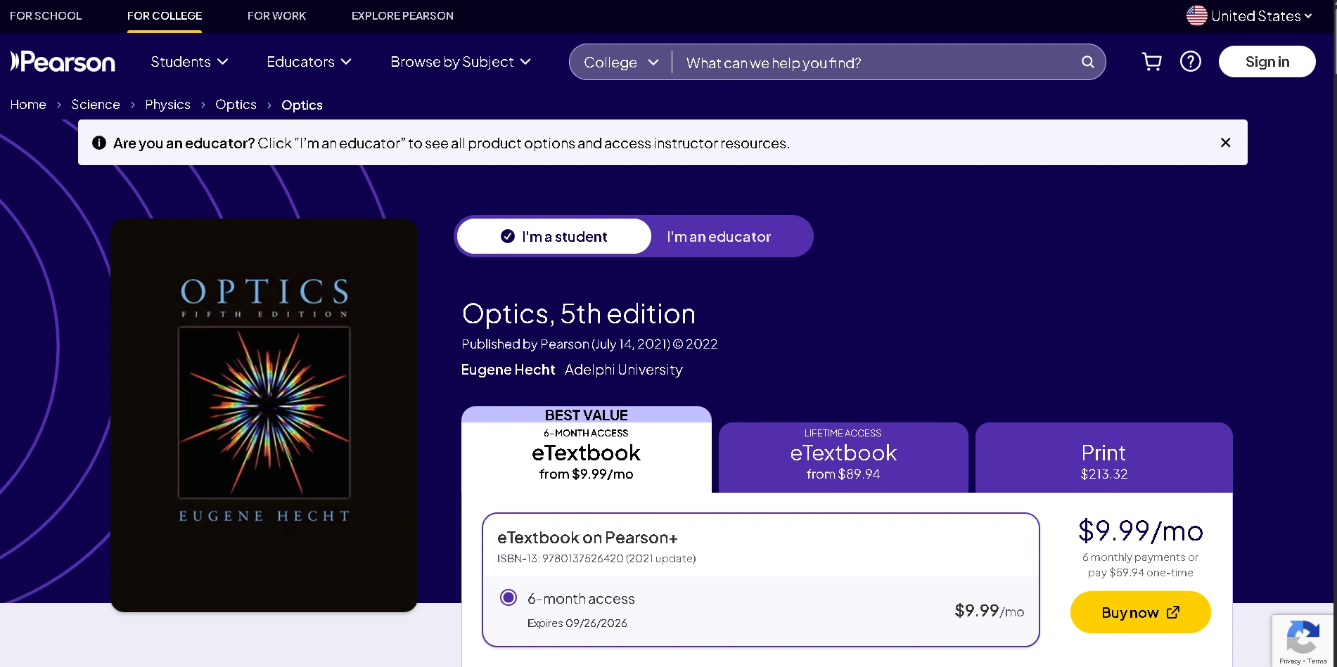 Pearson Optics 5th edition textbook by Eugene Hecht product page with pricing, table of contents, and physics course details
