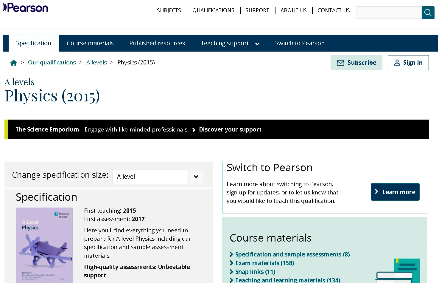 Pearson Edexcel A Level Physics 2015 specification webpage showing syllabus, assessment details, and teaching resources