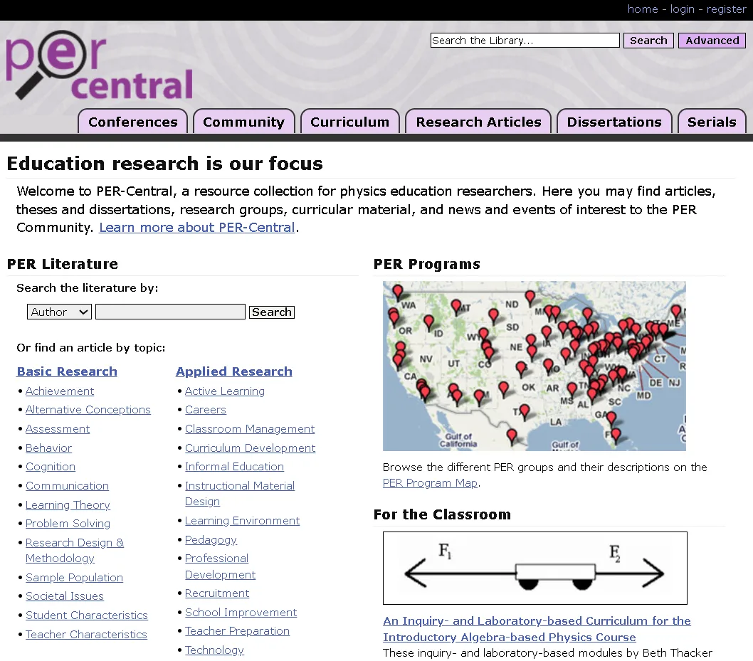 PER-Central website homepage showing physics education research resources, literature topics, and PER programs map for researchers and educators.