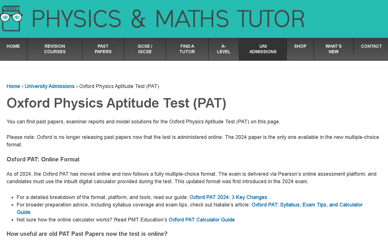 Oxford Physics Aptitude Test PAT preparation page with past papers, exam format, and study resources