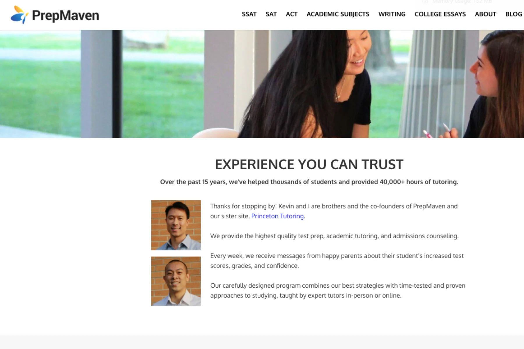 PrepMaven tutoring website screenshot featuring founders Kevin and Lar next to “Experience You Can Trust” message about 15 years of test prep and academic tutoring services.