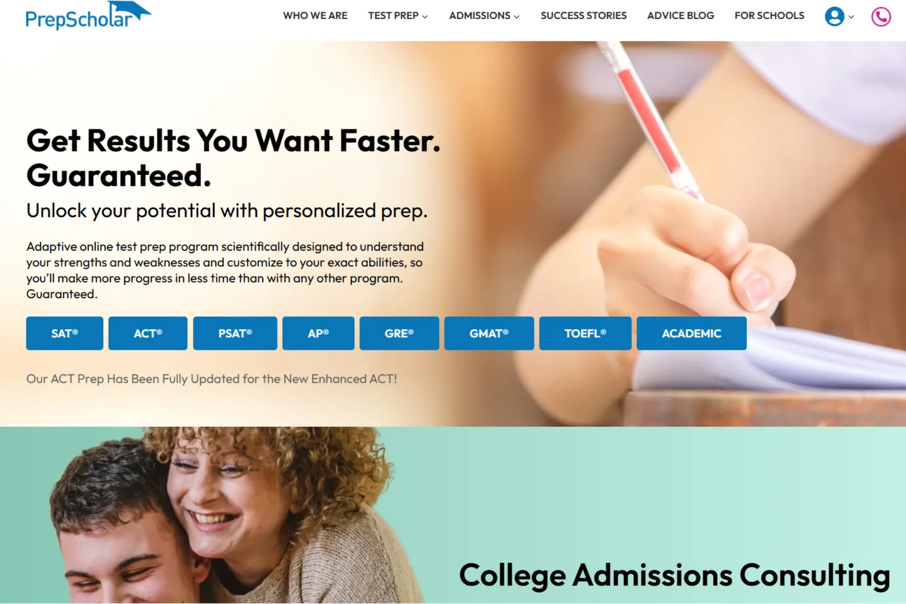 PrepScholar homepage banner promoting personalized SAT, ACT, GRE, GMAT, TOEFL, and AP test prep with guaranteed results and adaptive online learning.