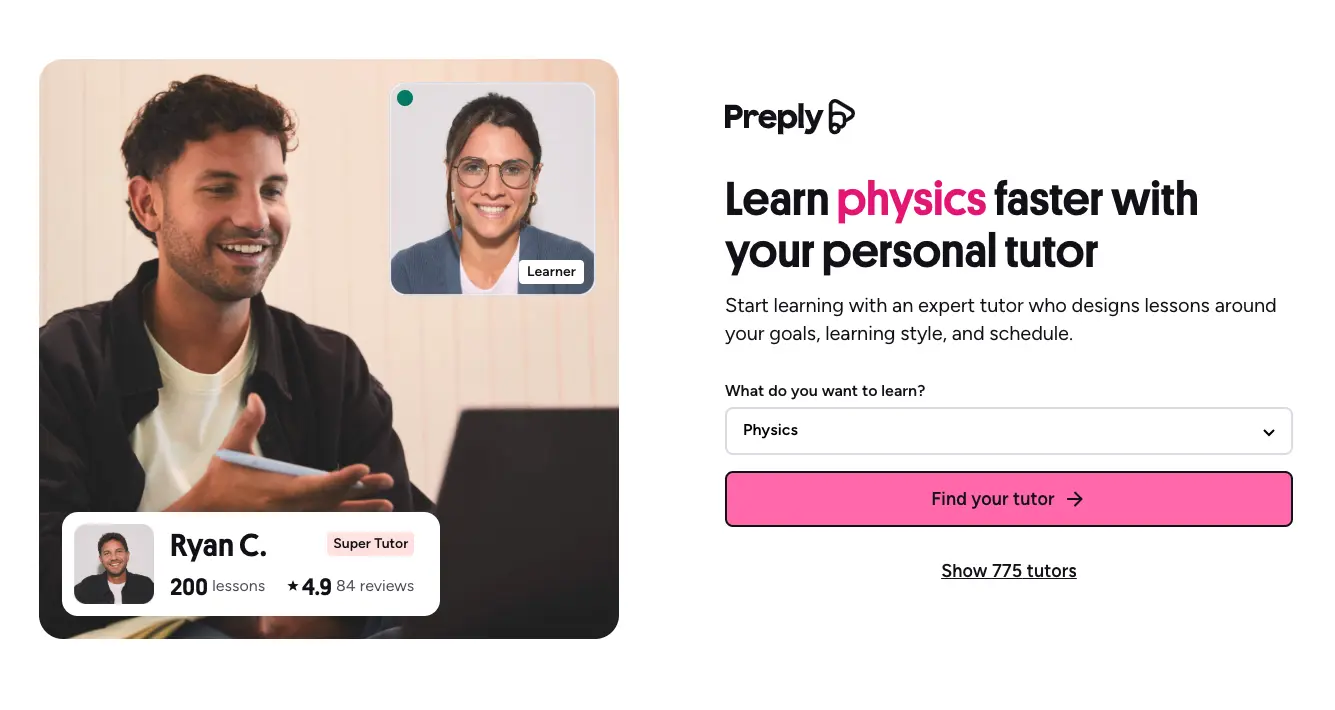 Online physics tutoring platform interface showing a student in a video call with a tutor, highlighting personalized learning and tutor ratings on Preply.