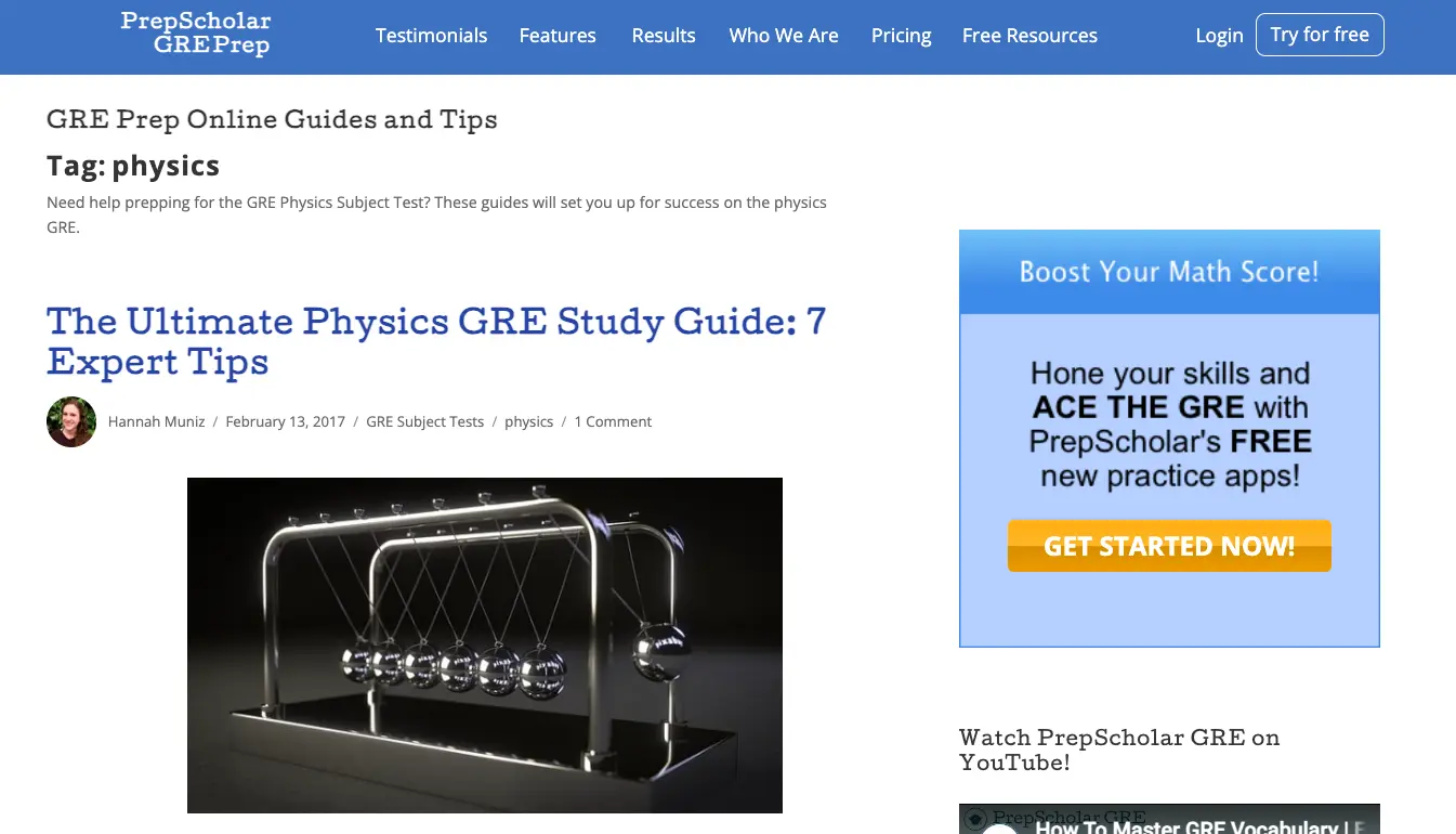 GRE Physics study guide webpage featuring Newton’s cradle illustration and article titled “The Ultimate Physics GRE Study Guide: 7 Expert Tips”