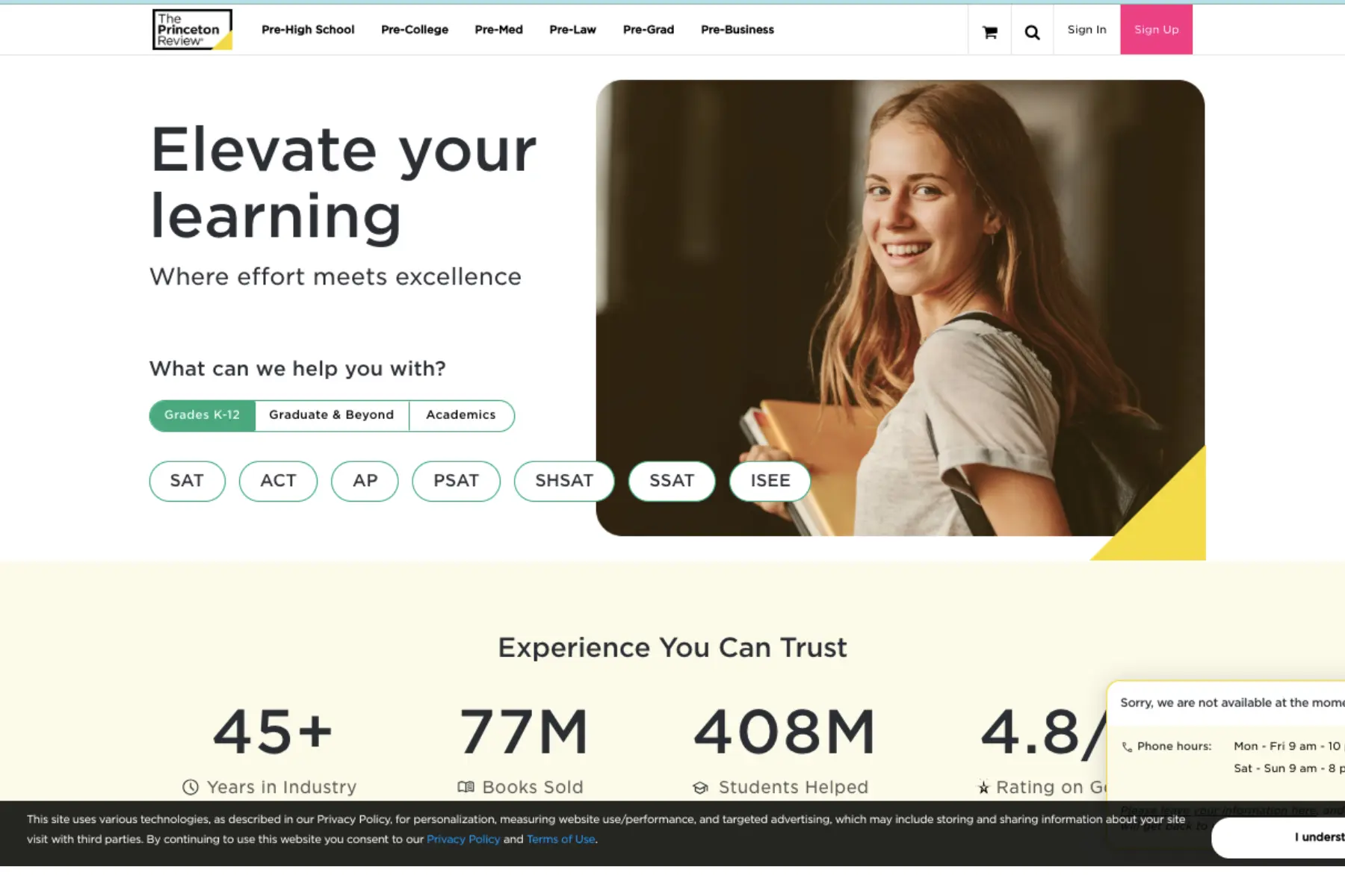 The Princeton Review homepage promoting SAT, ACT, AP, PSAT, SSAT, and ISEE test prep courses, featuring a smiling student holding books.
