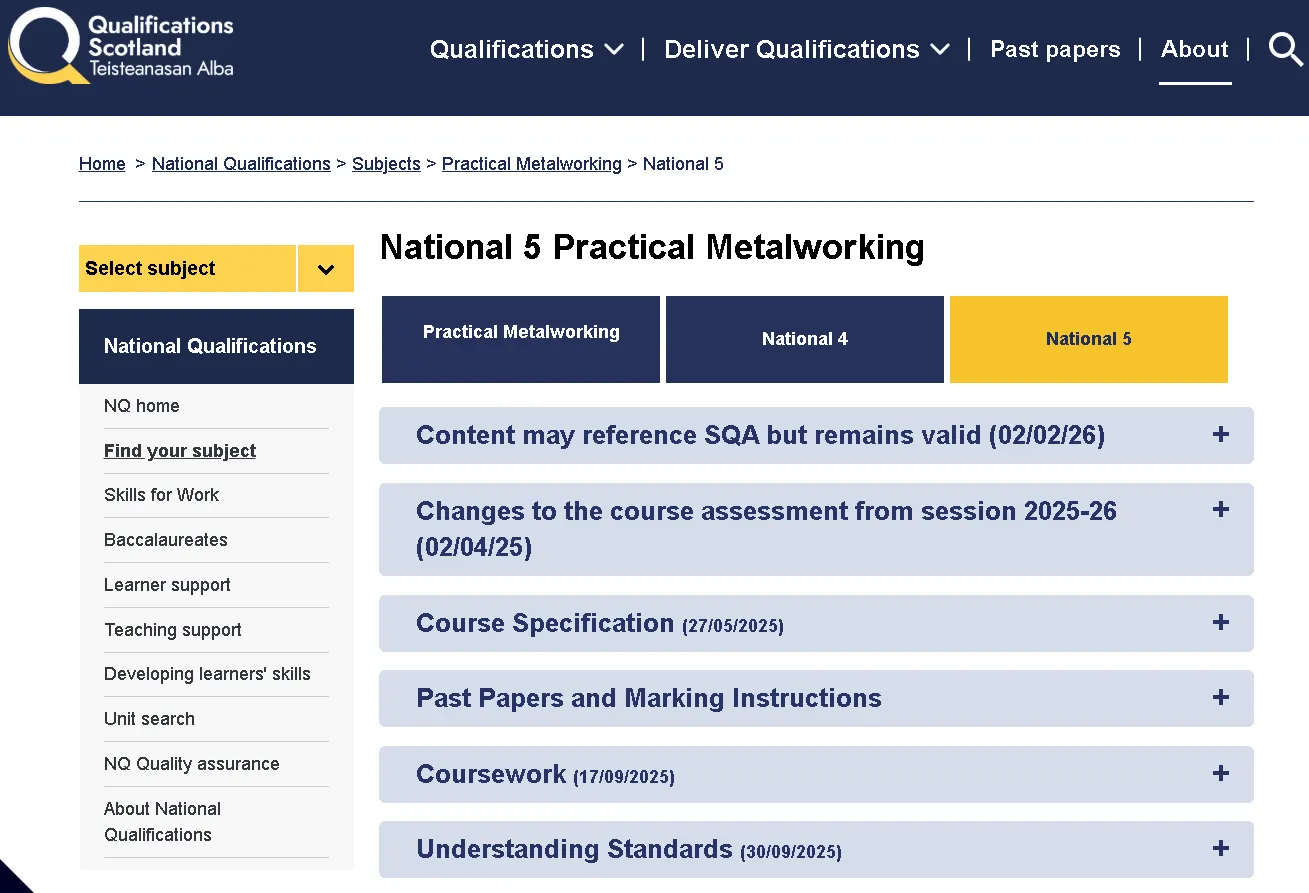 National 5 Practical Metalworking page with course specification past papers and assessment resources Scotland