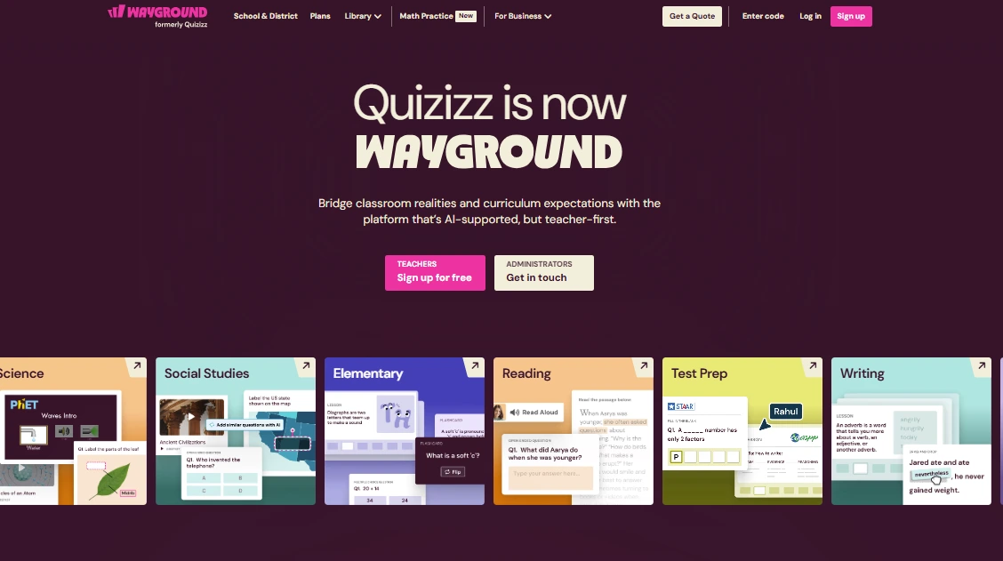 Wayground (formerly Quizizz) homepage hero showing “Quizizz is now Wayground,” teacher and administrator buttons, and subject tiles like Science, Social Studies, Elementary, Reading, Test Prep, and Writing.