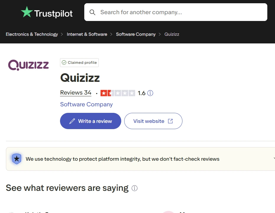 Trustpilot page for Quizizz showing 34 reviews, a 1.6-star rating, and buttons to write a review or visit the website.