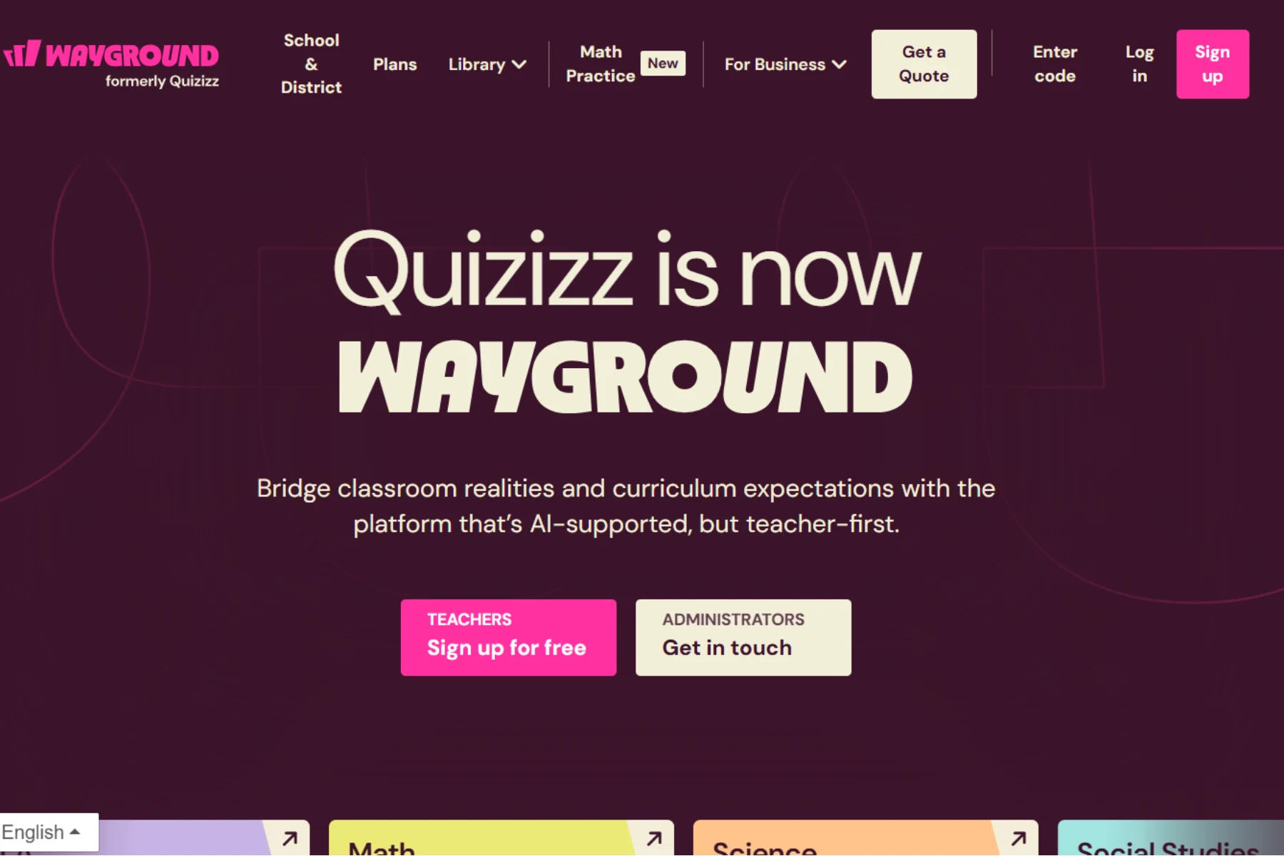 Wayground homepage (formerly Quizizz) showing “Quizizz is now Wayground” with AI-supported classroom platform for teachers and administrators.