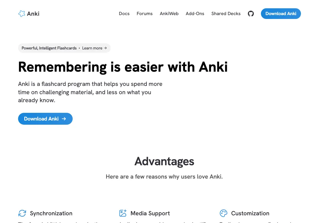 Screenshot of the Anki flashcard application website homepage showing the headline “Remembering is easier with Anki,” a download button, and features like synchronization, media support, and customization.