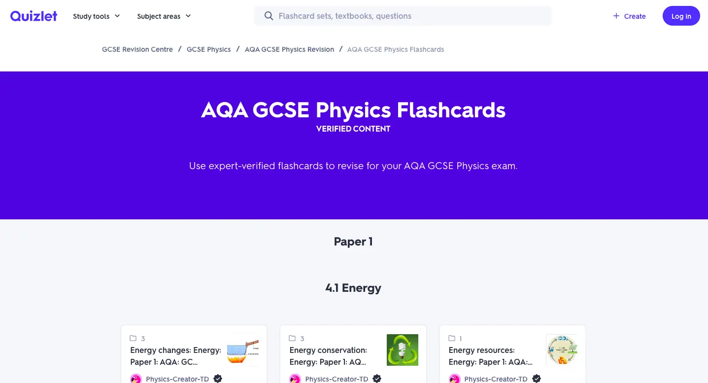 Screenshot of Quizlet page showing AQA GCSE Physics flashcards for Paper 1 – Energy topic, including sections like energy changes, energy conservation, and energy resources