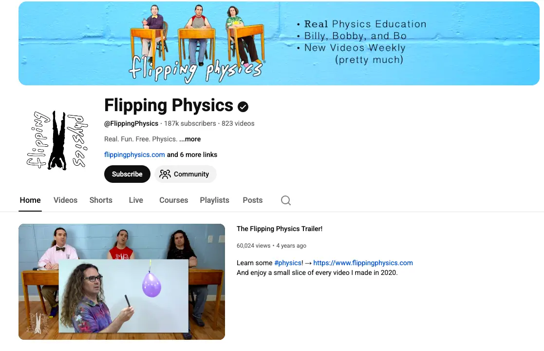 Screenshot of the Flipping Physics YouTube channel homepage showing physics education videos, subscriber count, and a featured video titled “The Flipping Physics Trailer.