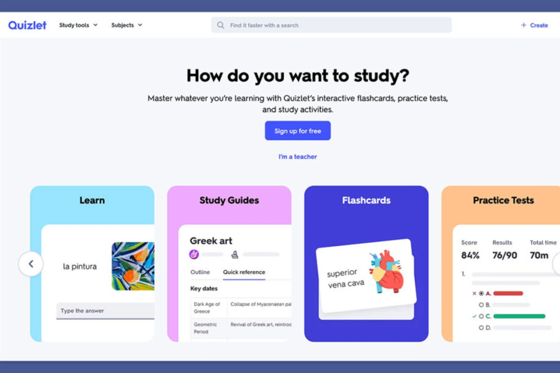 Quizlet homepage screenshot with the headline “How do you want to study?” and four study modes: Learn, Study Guides, Flashcards, and Practice Tests, plus a “Sign up for free” button.