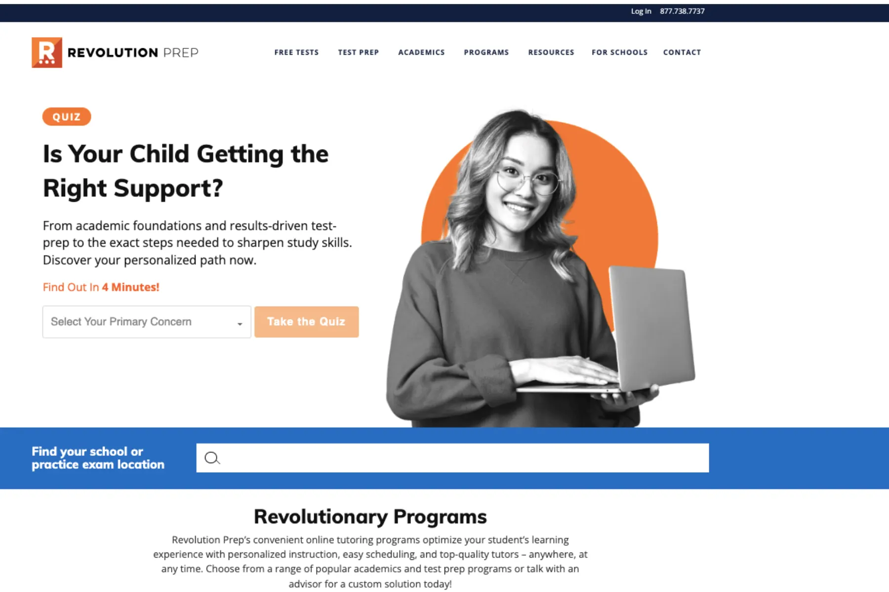 Revolution Prep homepage banner featuring online tutoring and test preparation services with a quiz to find personalized academic support.