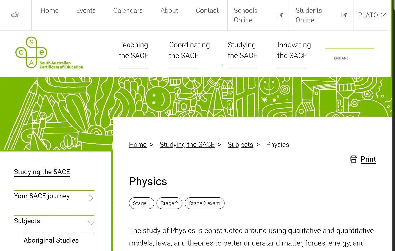 SACE Stage 1 and Stage 2 Physics subject page showing course details, assessment structure, and curriculum overview for South Australian students