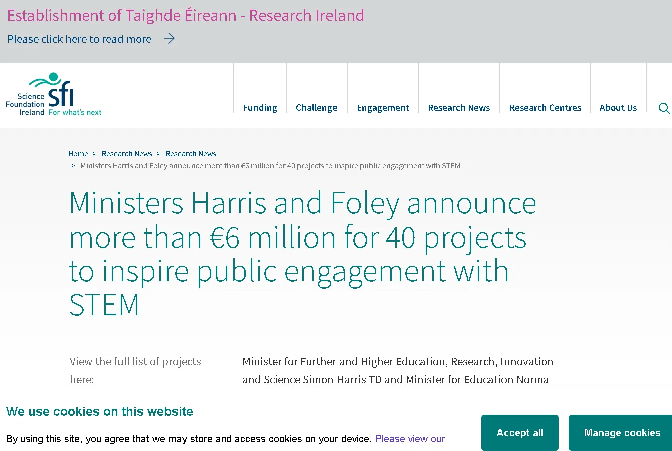 SFI public engagement STEM webpage showing funding initiatives, education programs, and community projects in science and technology