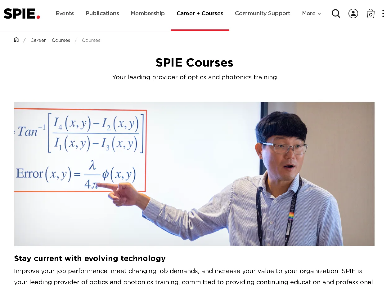 SPIE student resources page featuring optics and photonics scholarships, career tools, student chapters, and professional development content