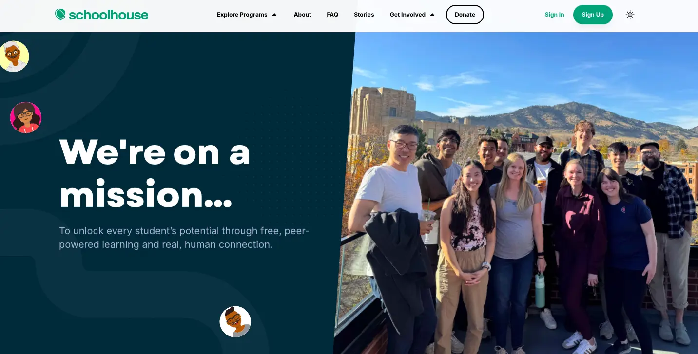 Schoolhouse homepage banner with mission statement about free peer-powered learning and a diverse group of students posing outdoors with mountains in the background