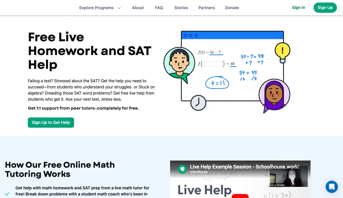 Schoolhouse free live homework and SAT help banner showing peer tutoring session with math problem solving and student support illustration