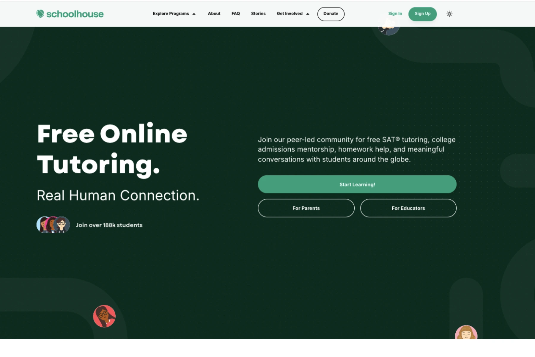 Schoolhouse website homepage promoting free online tutoring with peer-led SAT tutoring, homework help, and global student learning community.