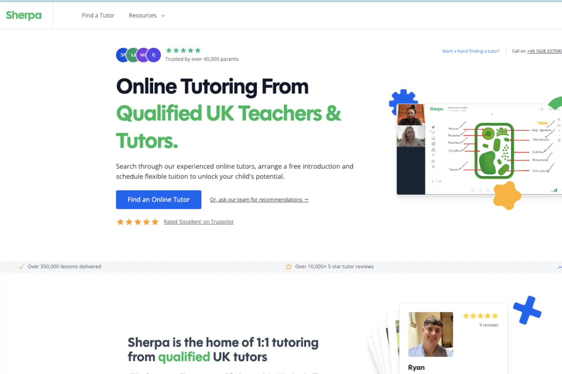 Sherpa homepage showing online tutoring from qualified UK teachers and tutors, Find an Online Tutor button, Trustpilot rating, and virtual classroom lesson interface.