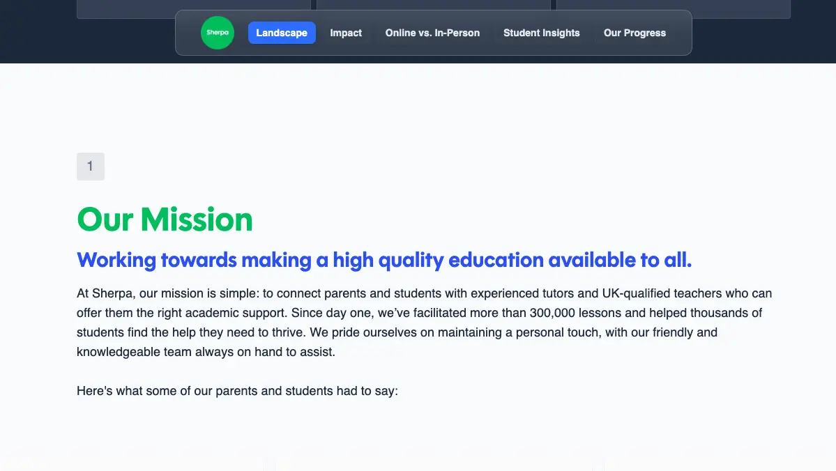 Our mission statement from Sherpa highlighting commitment to providing high-quality education and connecting students with qualified tutors