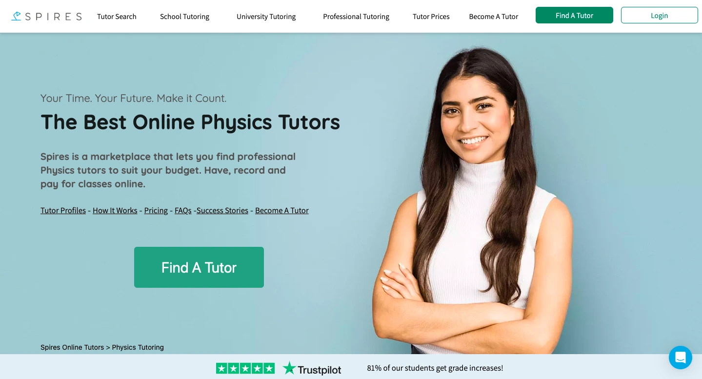 Online physics tutoring platform homepage showing a smiling female tutor beside the headline “The Best Online Physics Tutors” with a “Find A Tutor” call-to-action button.