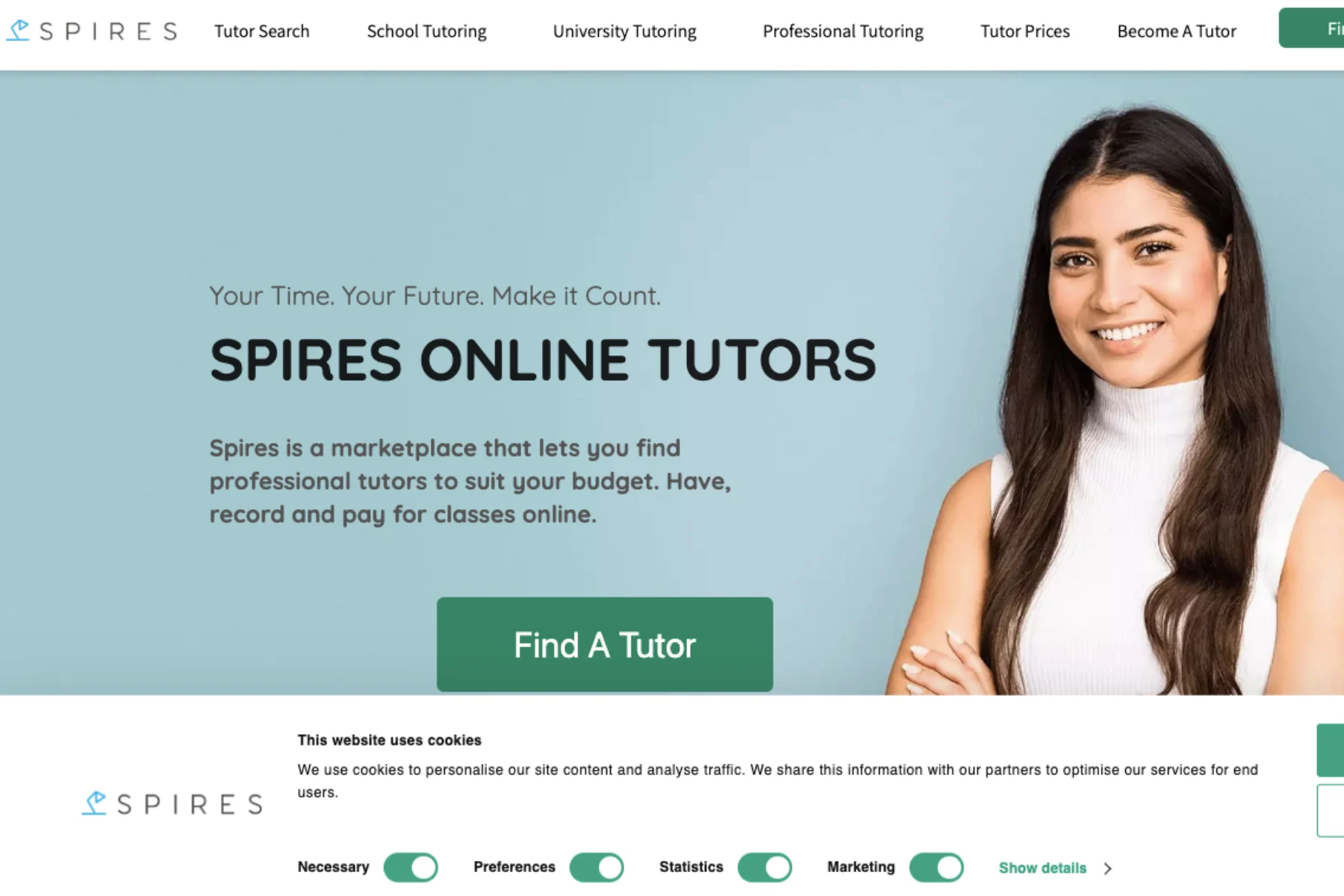 Spires Online Tutors homepage banner with a smiling female tutor and call-to-action to find professional online tutoring services