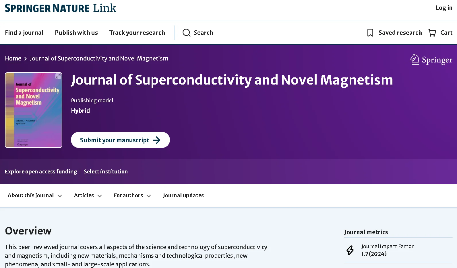 Springer Journal of Superconductivity and Novel Magnetism webpage showing research articles, scope, and publication details in physics and materials science