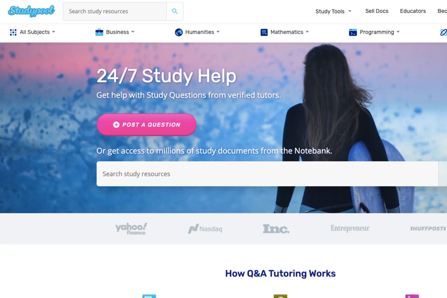 Homepage of Studypool showing a student studying at a desk with the headline “24/7 Study Help” and a call-to-action button to post a question for verified tutors.