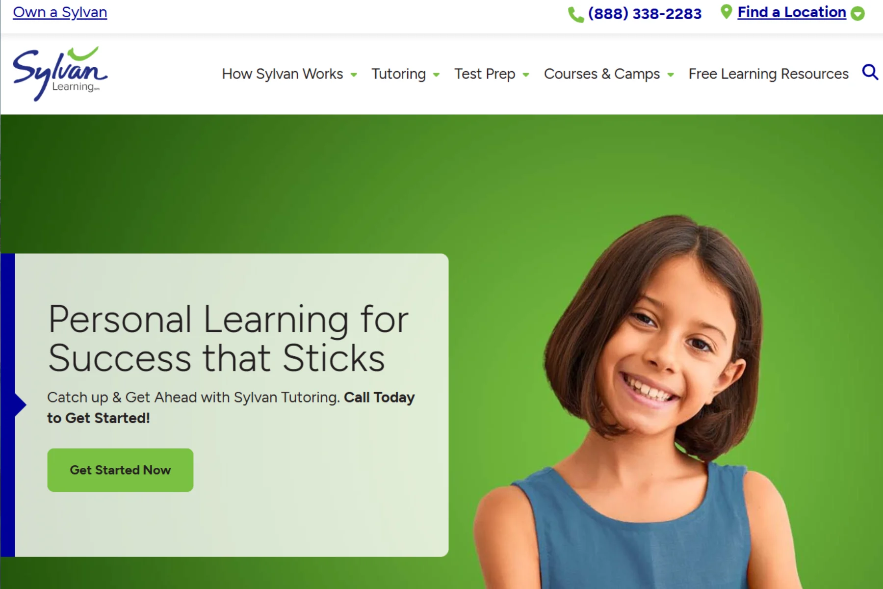 Sylvan Learning homepage banner featuring personalized tutoring services, “Personal Learning for Success that Sticks” headline, and call-to-action to get started.