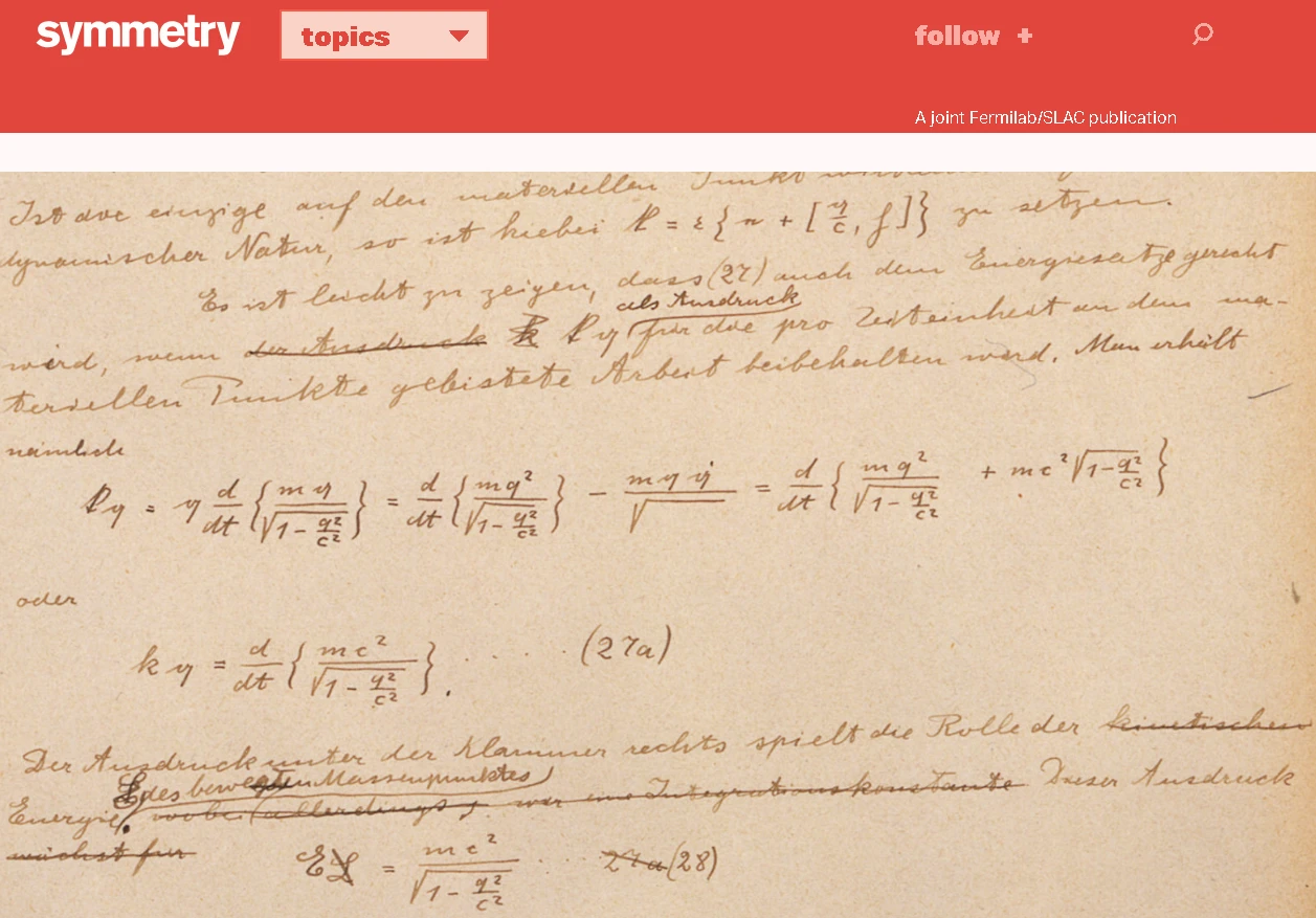 Symmetry Magazine special relativity article showing Einstein manuscript, equations of motion, and physics concepts of energy and speed of light