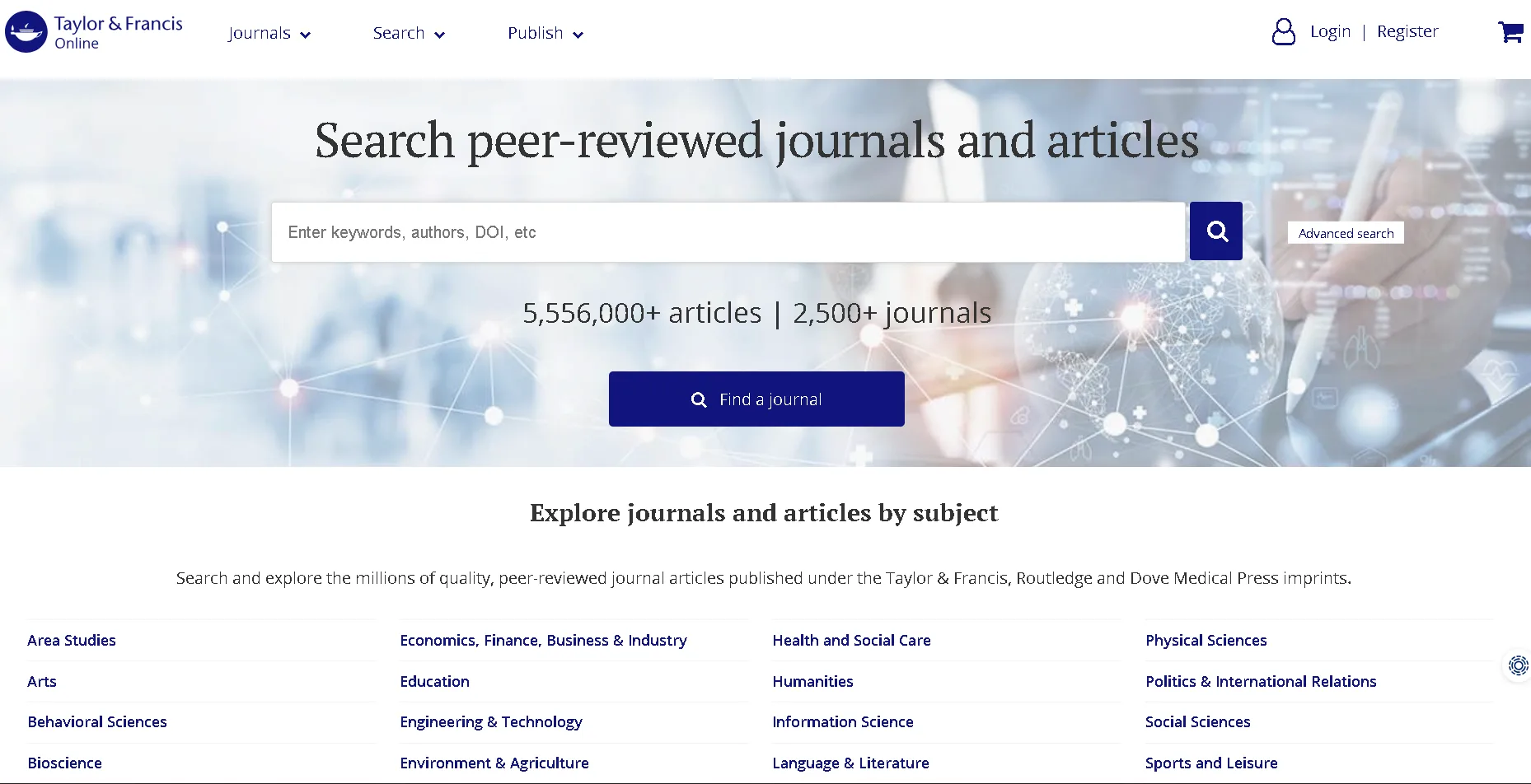 Taylor and Francis Online homepage featuring peer-reviewed journals, academic articles, and research search platform