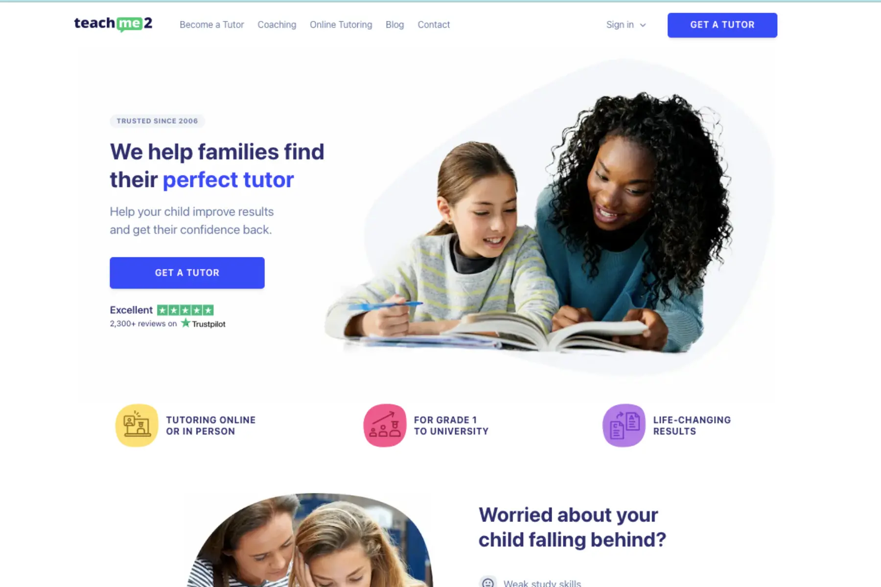 Teach Me 2 homepage showing a tutor helping a young student with reading, promoting online and in-person tutoring services from Grade 1 to university.