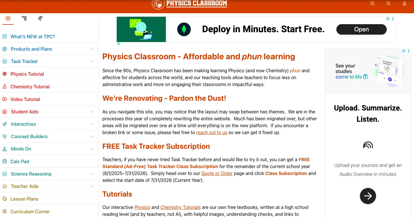 Screenshot of the Physics Classroom homepage showing navigation menu with physics tutorials, chemistry tutorials, task tracker, and interactive learning resources.