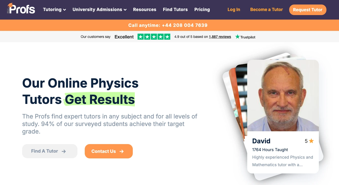 The Profs online physics tutoring homepage showing expert tutor David, high Trustpilot rating, and student success statistics