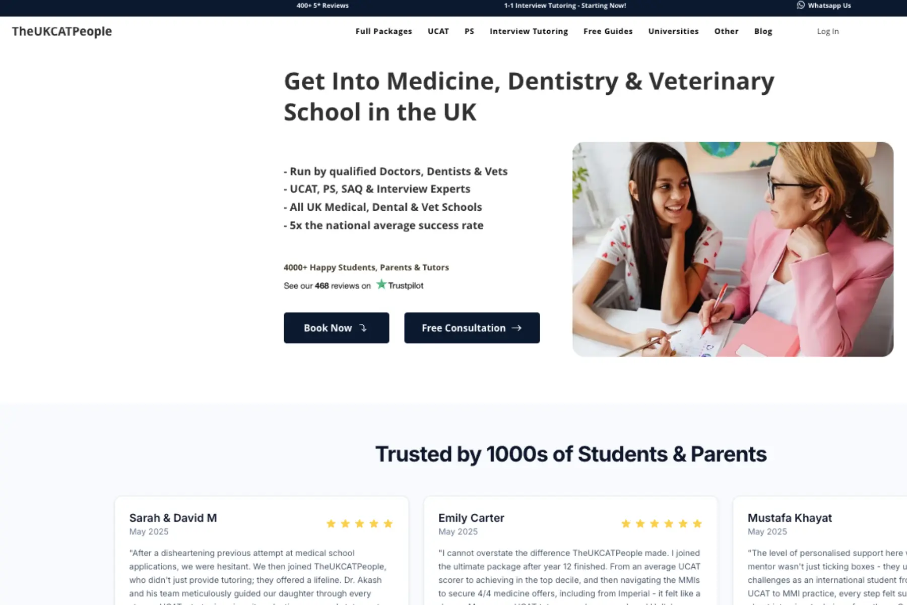 TheUKCATPeople homepage promoting UK medical, dentistry and veterinary school admissions tutoring, featuring a mentor advising a student and UCAT preparation services.