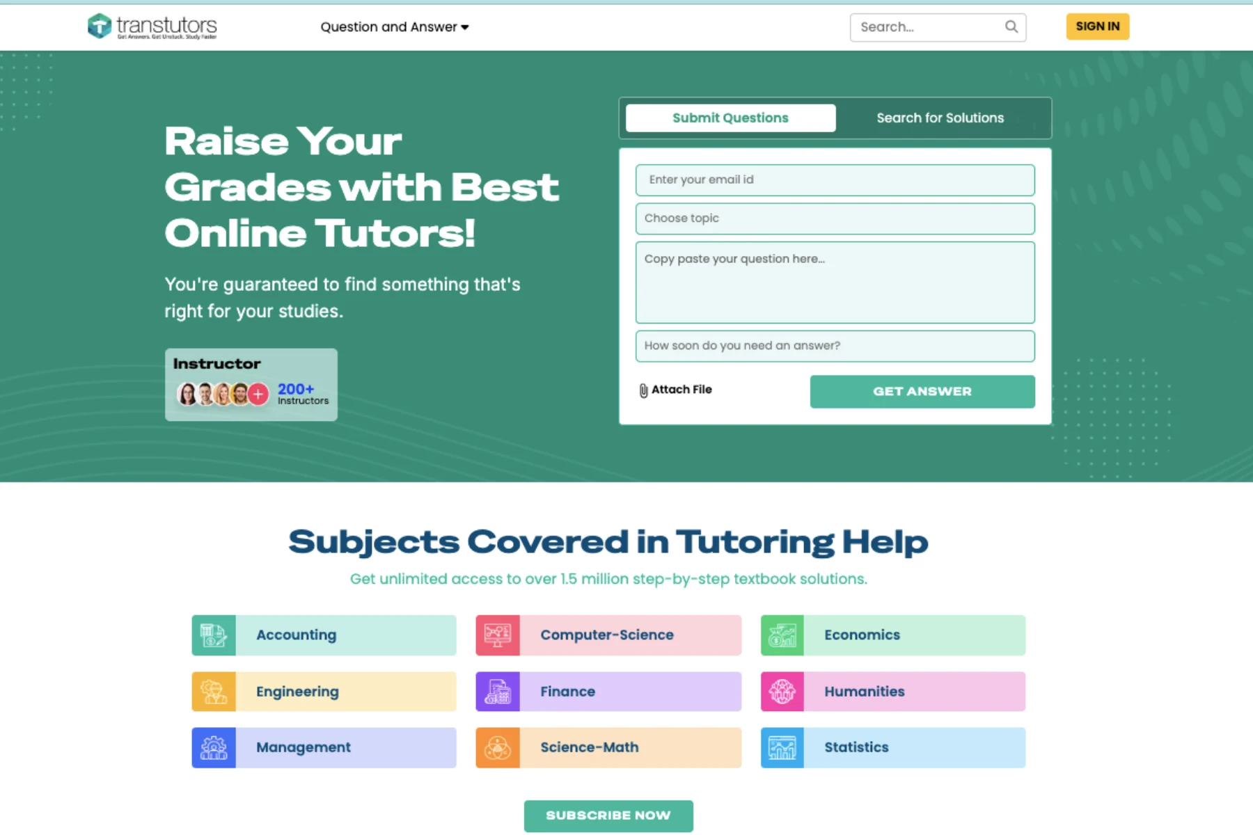 Transtutors homepage showing online tutoring and homework help platform with question submission form, academic subjects list, and online tutor assistance services.