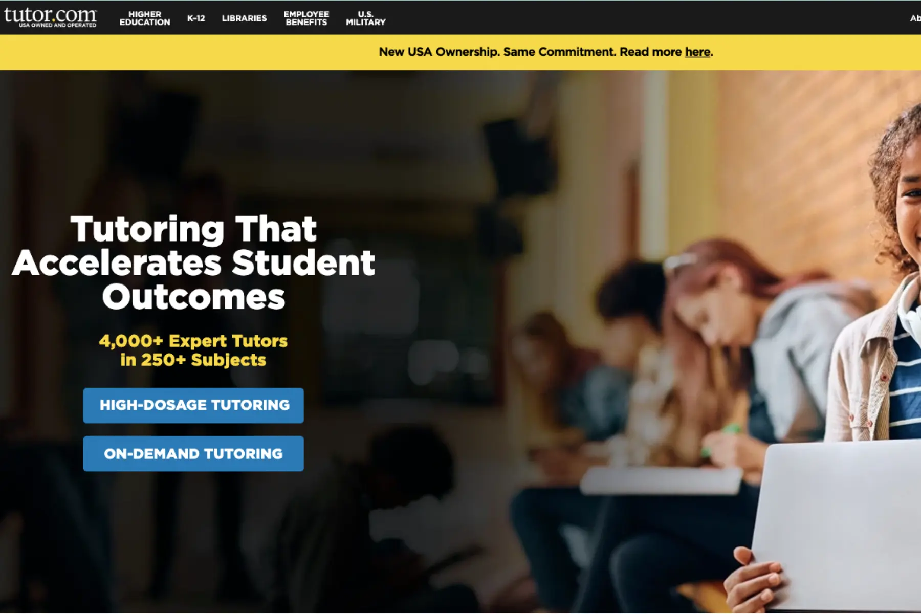 Homepage of Tutor.com featuring a smiling student holding a laptop with the headline “Tutoring That Accelerates Student Outcomes” and options for high-dosage and on-demand tutoring.