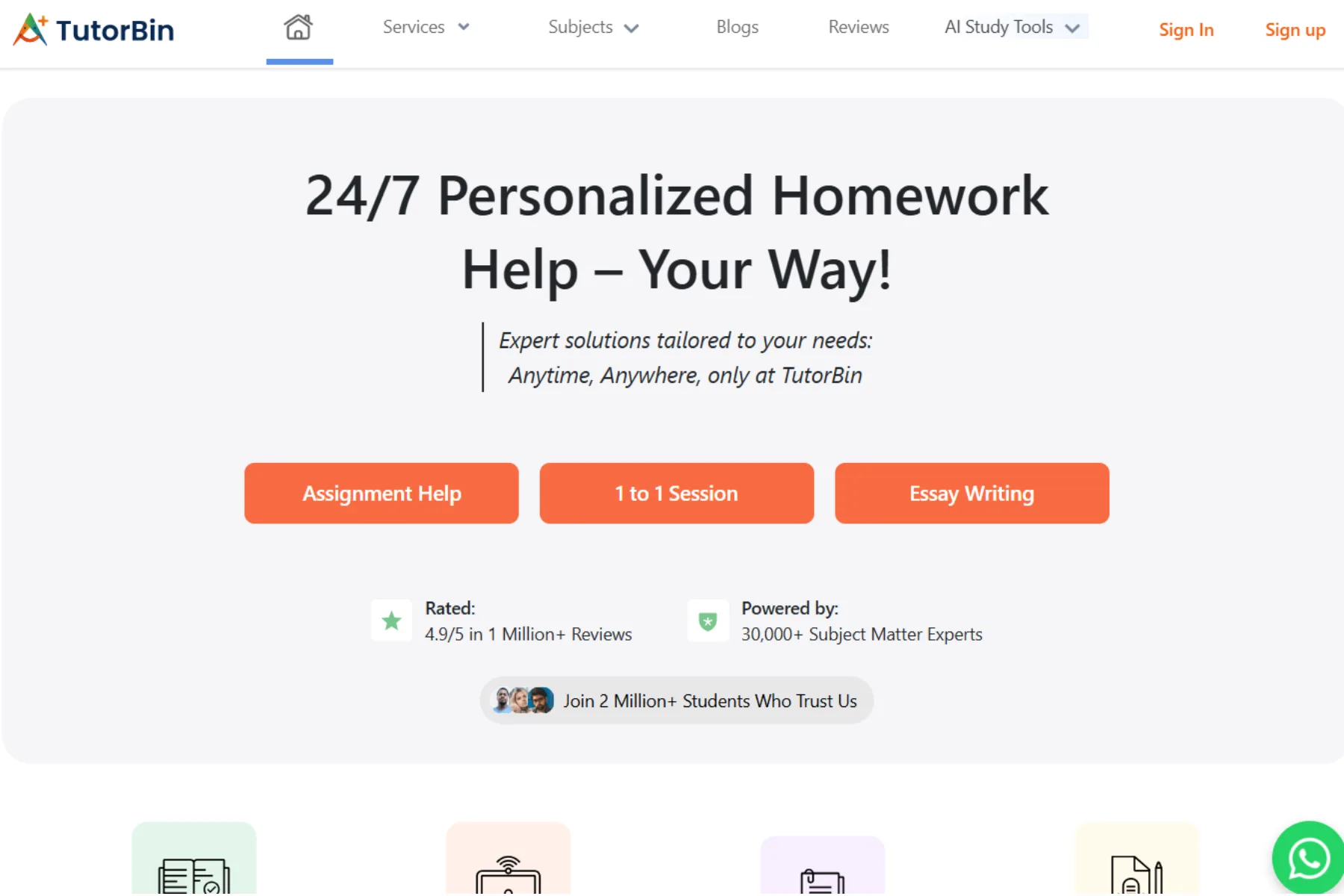 TutorBin homepage showing “24/7 Personalized Homework Help – Your Way!” with options for Assignment Help, 1-to-1 Session, and Essay Writing.
