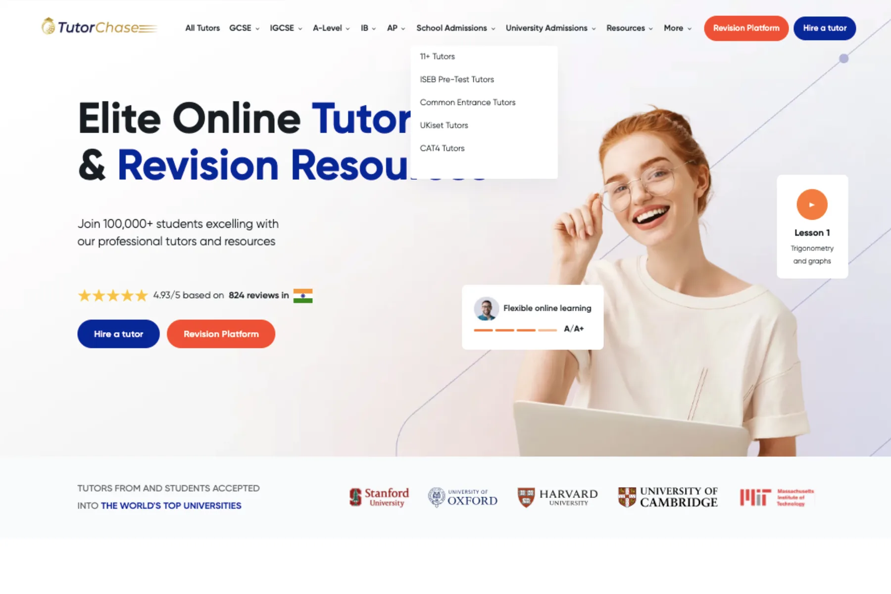 TutorChase homepage showing elite online tutoring and revision resources platform with Hire a Tutor and Revision Platform buttons, student image, five-star rating, and top university logos including Stanford, Oxford, Harvard, Cambridge, and MIT.